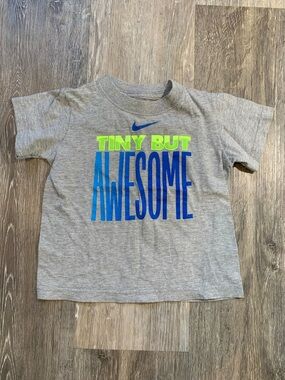 3/$10💕 Nike Gray Tee with Blue & Neon Green 'Tiny But Awesome' Graphic